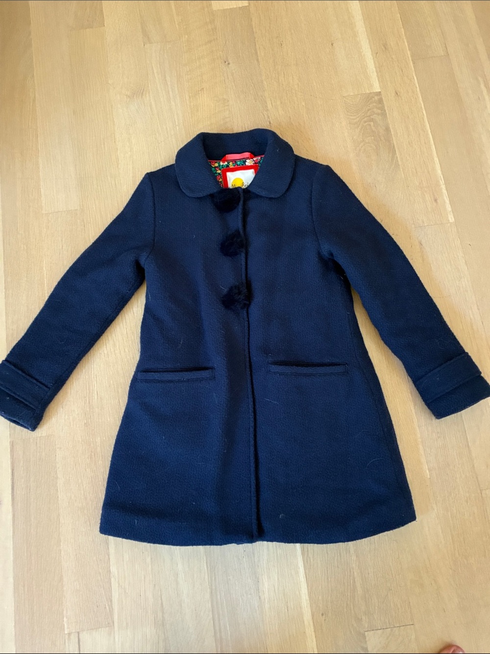 Girls Navy Wool Coat with Faux Fur Buttons